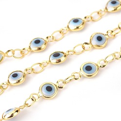 White Handmade Evil Eye Lampwork Link Chains, Soldered, with Brass Findings, with Spool, Long-Lasting Plated, Flat Round, Golden, White, 10x4.5x2mm, Hole: 1.5mm, about 32.8 Feet(10m)/roll
