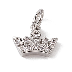 Platinum Brass Micro Pave Cubic Zirconia Charm, with Jump Rings, Crown Charm, Platinum, 7x9x2mm, Hole: 2.7mm