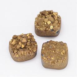 Golden Plated Electroplated Natural Druzy Quartz Crystal Beads, Square, Golden Plated, 14x14x8~10mm, Hole: 1.5mm