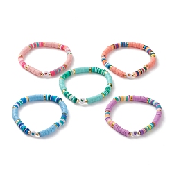 Mixed Color Polymer Clay Heishi Beads Stretch Bracelets, with Acrylic c Heart Beads and Brass Beads, Mixed Color, Inner Diameter: 2-1/4 inch(5.7cm)