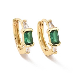 Green Cubic Zirconia Rectangle Hoop Earrings, Real 18K Gold Plated Brass Jewelry for Women, Cadmium Free & Nickel Free & Lead Free, Green, 13x14.5x4mm, Pin: 0.8mm
