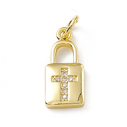 Real 18K Gold Plated Brass Micro Pave Cubic Zirconia Pendants, with Jump Ring, Lock with Religion Cross Charm, Real 18K Gold Plated, 16.5x7x2mm, Hole: 3mm