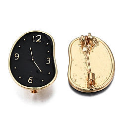 Negro Pasador de esmalte de reloj giratorio, broche de aleación chapado en oro claro para ropa de mochila, libre y sin plomo níquel, negro, 30.5x22 mm, pin: 0.7 mm