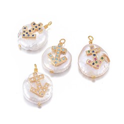 Sagittarius Natural Cultured Freshwater Pearl Pendants, with Brass Micro Pave Cubic Zirconia Findings, Nuggets with Constellation, Golden, Mixed Color, Sagittarius, 17~22x11~16x5~11mm, Hole: 1.6mm