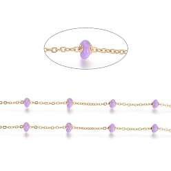Lilac Stainless Steel Satellite Chains, with Enamel Beads and Spool, Soldered, Long-Lasting Plated, Flat Round, Golden, Lilac, 1.5x1.2x0.3mm, about 32.8 Feet(10m)/roll