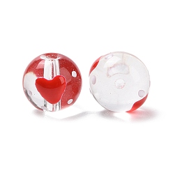 Rouge Brins de perles en verre émaillé faits à la main, ronde avec le coeur, rouge, 13x12mm, Trou: 1.2mm, Environ 30 pcs/chapelet
