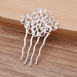 Silver Iron Hair Comb Findings, with Filigree Brass Flower, Silver, 58x37mm