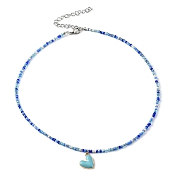 Blue Alloy Enamel Heart Charm Necklace, Glass Seed Beaded Necklace for Women, Blue, 17.13 inch(43.5cm)