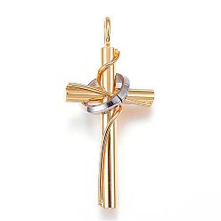 Golden & Stainless Steel Color 304 Stainless Steel Pendants, Cross with Circle, Golden & Stainless Steel Color, 36x17x10mm, Hole: 4x2.5mm