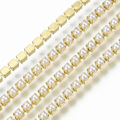 Golden Brass Claw Chains, with ABS Plastic Imitation Pearl Beads, with Spool, Golden, SS6.5, 2~2.1mm, about 10yards/roll(9.14m/roll)