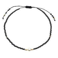 Black Glass Imitation Pearl & Seed Braided Bead Bracelets, Adjustable Bracelet, Black, 11 inch(28cm)