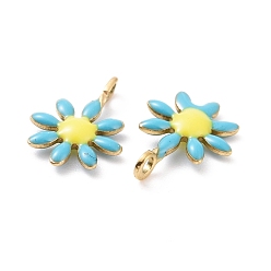Deep Sky Blue Ion Plating(IP) 304 Stainless Steel Charms, with Enamel, Golden, Flower, Deep Sky Blue, 10x7.5x2mm, Hole: 1mm