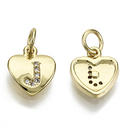 Letter J Brass Micro Pave Clear Cubic Zirconia Charms, with Jump Ring, Heart with Letter, Real 16K Gold Plated, Nickel Free, Letter.J, 10x9x2mm, Jump Ring: 5x1mm, 3mm inner diameter