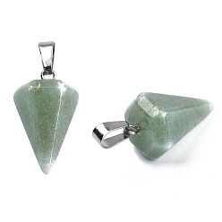 Green Aventurine Cone/Spike/Pendulum Natural Green Aventurine Stone Pendants, with Platinum Plated Iron Findings, 25~27x14x14mm, Hole: 6x3mm