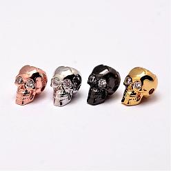 Mixed Color Brass Beads, Micro Pave Grade AAA Cubic Zirconia, Skull, Cadmium Free & Nickel Free & Lead Free, Mixed Color, 12.5x9x10mm, Hole: 2mm