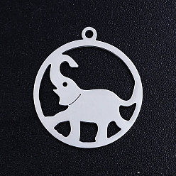 Stainless Steel Color 201 Stainless Steel Pendants, Circle with Elephant, Stainless Steel Color, 22.5x20x1mm, Hole: 1.5mm
