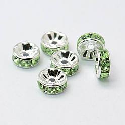 Peridot Brass Grade A Rhinestone Spacer Beads, Silver Color Plated, Nickel Free, Peridot, 6x3mm, Hole: 1mm