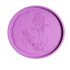 Medium Orchid Cup Mat Silicone Molds, Resin Casting Coaster Molds, For UV Resin, Epoxy Resin Craft Making, Flat Round with Girl Pattern, Medium Orchid, 130x8mm