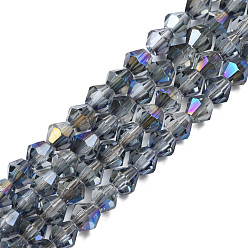 Dark Gray Electroplate Transparent Glass Beads Strands, Faceted, Bicone, Dark Gray, 4x4.5mm, Hole: 0.9mm, about 84~109Pcs/strand, 12.6~21.26 inch(32~54cm)