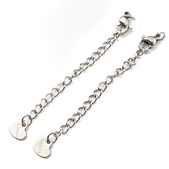 Stainless Steel Color 304 Stainless Steel Curb Chain Extender, End Chains with Lobster Claw Clasps and Heart Chain Tabs, Stainless Steel Color, 75mm