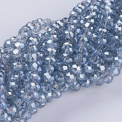 Azul Abalorios de vidrio electrochapa, lustre de la perla chapado, facetados, Rondana plana, azul, 3~3.5x2~2.5 mm, agujero: 0.8 mm, sobre 135~140 unidades / cadena, 14.6 pulgada (37 cm)