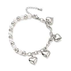 Stainless Steel Color 201 Stainless Steel Heart Charm Bracelet, Plastic Pearl Beaded Bracelet with 304 Stainless Steel Cable Chains for Women, Stainless Steel Color, 7-1/2 inch(19cm)