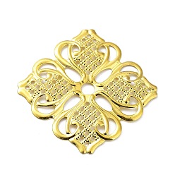 Oro Encantos del conector del hierro del revestimiento del estante, enlaces de flores, adornos de metal grabados, dorado, 46x46x0.6 mm, agujero: 5.5 mm y 1.6 mm