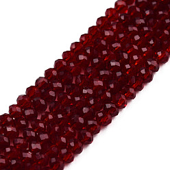 Dark Red Transparent Glass Beads Strands, Faceted, Rondelle, Dark Red, 2.5~3.1x1.5~2.2mm, Hole: 0.5mm, about 165~170pcs/strand, 16~17.5 inch
