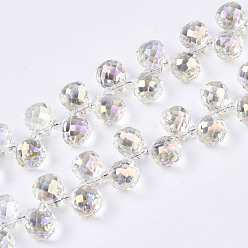 Jaune Verge D'or Chapelets de perles en verre transparentes  , perles percées, de couleur plaquée ab , larme à facettes, jaune verge d'or clair, larme: 9.5x8 mm, Trou: 0.8mm, perles: 3~4x2.5~3.5 mm, Environ 100 pcs/chapelet, 23.62 pouce (60 cm)