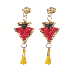 Red Glass Seed Braided Triangle with Cotton Tassel Dangle Stud Earrings, Golden 304 Stainless Steel Jewelry for Women, Red, 41mm, Pin: 0.8mm