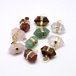 Mixed Stone Double Terminated Pointed Gemstone Pendants, with Golden Tone Brass Findings, 15~17x22x13mm, Hole: 8x5mm