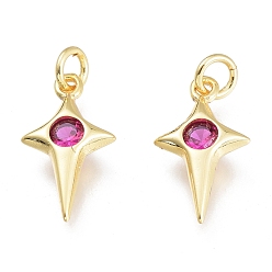 Hot Pink Brass Micro Pave Cubic Zirconia Charms, with Jump Ring, Stars, Golden, Hot Pink, 13.5x7.5x2.5mm, Hole: 1.5mm, Jump rings: 3.5x0.8mm
