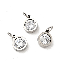 Clear 304 Stainless Steel Pendants, with Cubic Zirconia and Jump Rings, Single Stone Charms, Flat Round, Stainless Steel Color, Clear, 9.5x7.5x3mm, Hole: 3.6mm