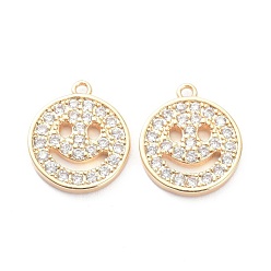 Real 14K Gold Plated Brass Micro Pave Clear Cubic Zirconia Charms Pendants, Long-Lasting Plated, Flat Round with Smiling Face, Real 14K Gold Plated, 13.5x11.5x1.5mm, Hole: 1.2mm