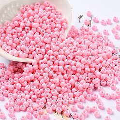 Pink Hornear bolas de semillas de vidrio de pintura, rondo, rosa, 4x3 mm, agujero: 1.2 mm, sobre 7650 unidades / libra