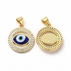 Blue Rack Plating Real 18K Gold Plated Brass Micro Pave Clear Cubic Zirconia Pendants, with Handmade Lampwork, Cadmium Free & Lead Free, Long-Lasting, Flat Round with Evil Eye, Blue, 20x17.5x3.5mm, Hole: 5.5x4mm