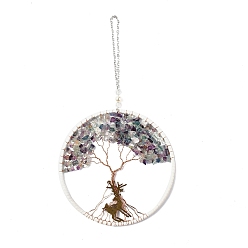 Fluorite Wire Wrapped Chips Natural Fluorite Big Pendant Decorations, with Iron Chains and Imitation Leather Rope, Flat Round with Tree of Life, 295mm