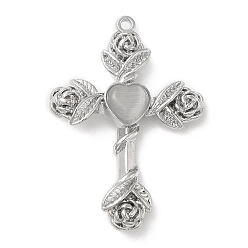 Silver Alloy with Glass Pendants, Cross with Rose Charms, Platinum, Silver, 35x25x5mm, Hole: 1.4mm