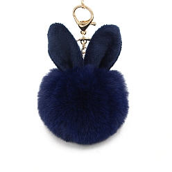 Prussian Blue Easter Rabbit Faux Fluffy Ball Pendant Keychains, with Alloy Finding, Prussian Blue, 90~100mm