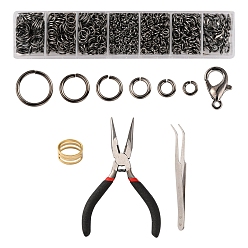 Gunmetal DIY Jewelry Making Finding Kit, Including Brass Jump Rings & Open Jump Rings, Zinc Alloy Lobster Claw Clasps, Tweezers, Pliers, Gunmetal, 1182Pcs/bag
