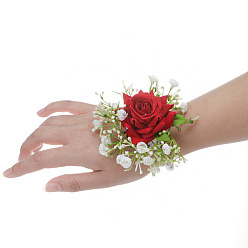 Rouge Corsage de poignet en tissu de soie imitation rose, fleur à la main pour la mariée ou la demoiselle d'honneur, mariage, décorations de fête, rouge, 100x90mm