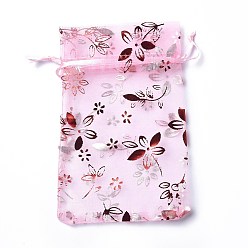 Pearl Pink Organza Drawstring Jewelry Pouches, Wedding Party Gift Bags, Rectangle with Red Stamping Flower Pattern, Pearl Pink, 15x10x0.11cm