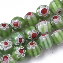Olive Drab Handmade Millefiori Lampwork Beads Strands, Round, Olive Drab, 8mm, Hole: 1.2mm, about 48pcs/strand, 14.17 inch(36cm)