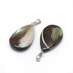 Platinum Shell Pendants, with Brass Findings, teardrop, Dyed, Platinum, 27~28x15~17x3~5mm, Hole: 2x5mm