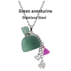 Green Aventurine Natural Green Aventurine Perfume Bottle Pendant Necklace with Staninless Steel Butterfly Flower and Tassel Charms, Essential Oil Vial Jewelry for Women, 18.11 inch(46cm)