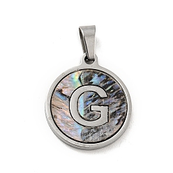 Letter G 304 Stainless Steel with Paua Shell Pendants, Stainless Steel Color, Flat Round with Letter Charm, Letter.G, 18x16x1.5mm, Hole: 3x6mm