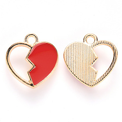 Red Alloy Enamel Charms, Broken Heart Shape, Light Gold, Red, 15x14x3mm, Hole: 1.6mm