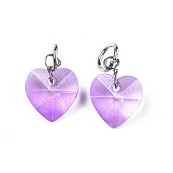 Medium Purple Faceted Transparent Glass Charms, with Iron Jump Ring, Heart, Medium Purple, 13~14x10x5~6mm, Hole: 4mm