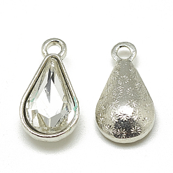 Clear Alloy Glass Pendants, Faceted, teardrop, Platinum, Clear, 18x10x5mm, Hole: 2mm