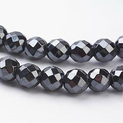 Black Magnetic Synthetic Hematite Beads Strands, 32 Faceted, Round, Black, about 4mm in diameter, hole:1mm, 103pcs/strand, 16 inch